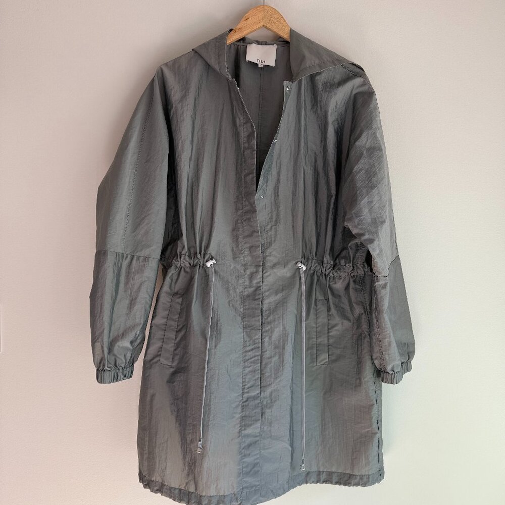 TIBI Crispy Nylon Hooded Coat M | Silver Gray | Rare Wind-Flap